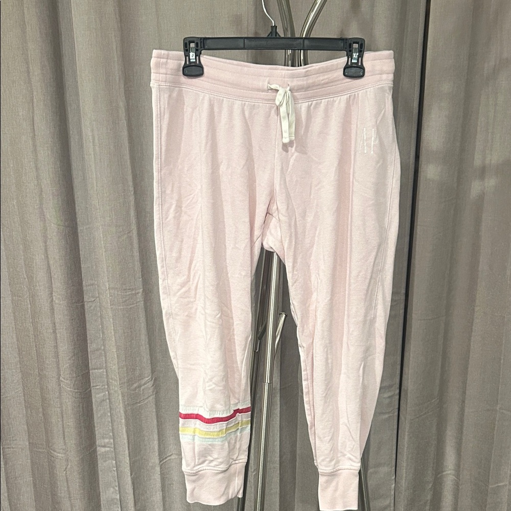 Women’s Pink Drawstring Joggers with Rainbow Hem Stripes